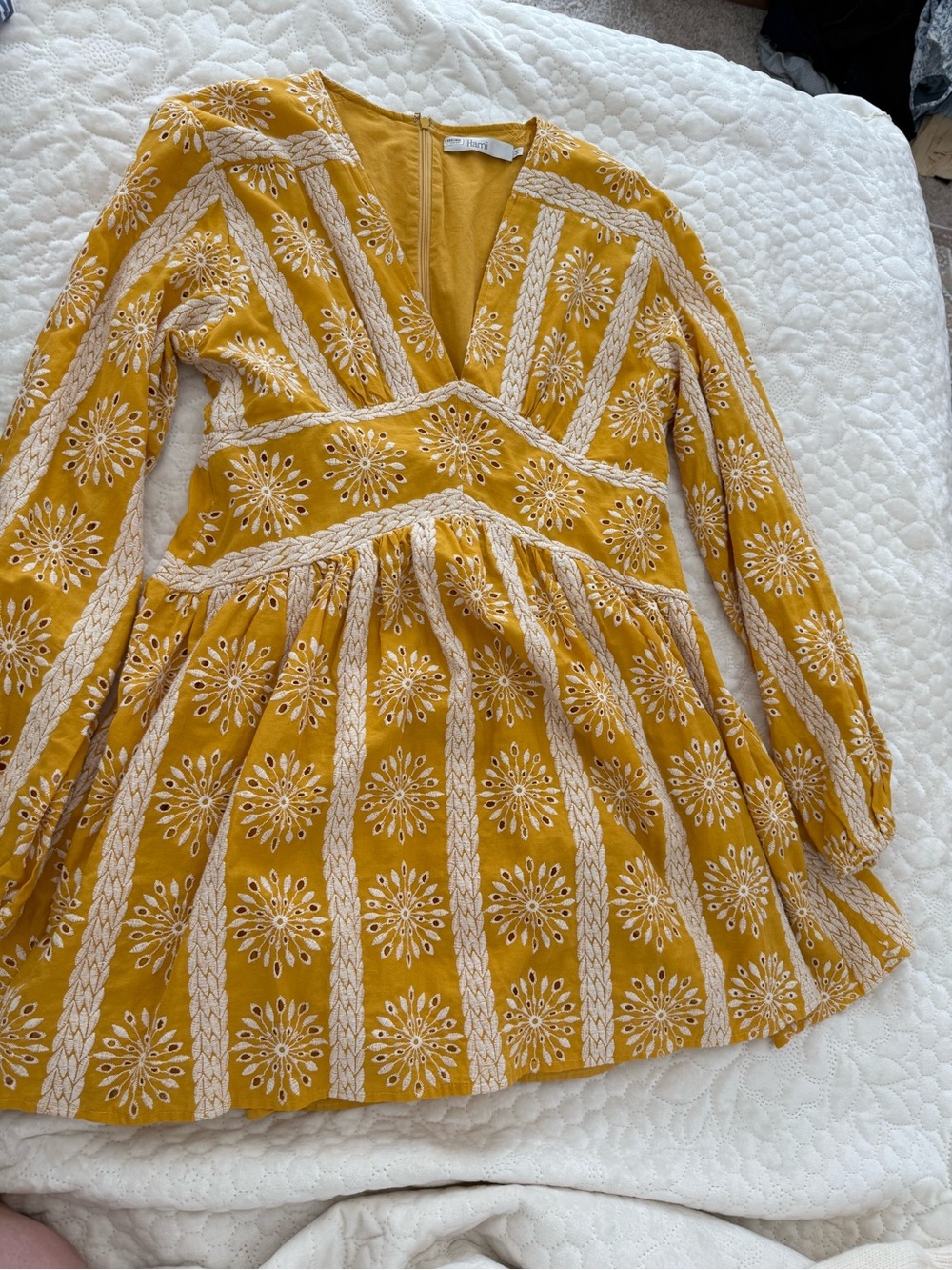 Mustard Yellow Embroidered V-Neck Women's Dress